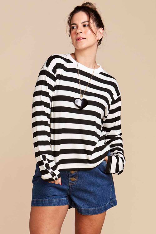 CAMISETA OLIVIA MANGA LONGA LISTRADA PRETA E BRANCA