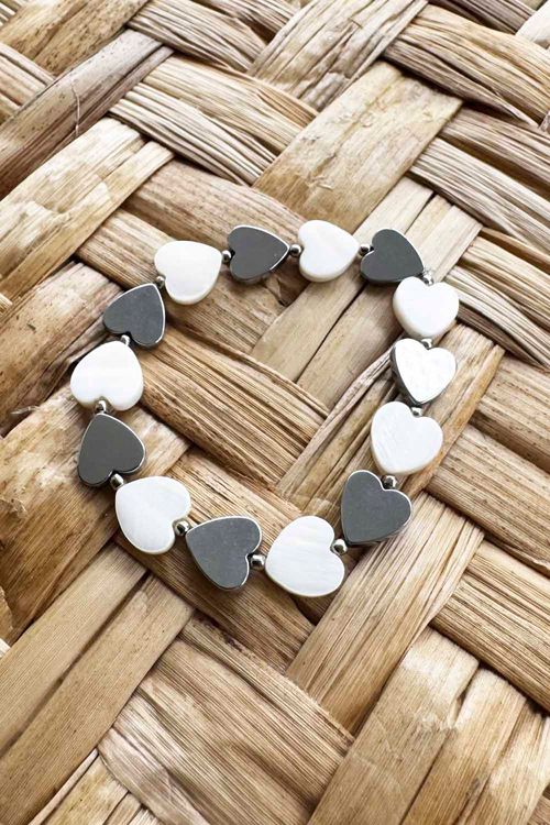 PULSEIRA CORAÇÕES DE HEMATITA COM MADREPÉROLA