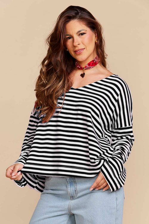 BLUSA LISTRADA PRETA MANGA LONGA