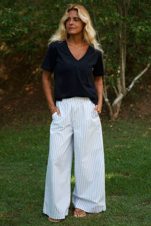 CALÇA PANTALONA FRIDA LISTRADA AZUL