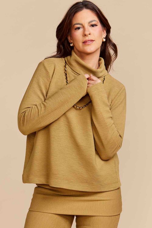 BLUSA GOLA ALTA CANELADA VERDE OLIVA